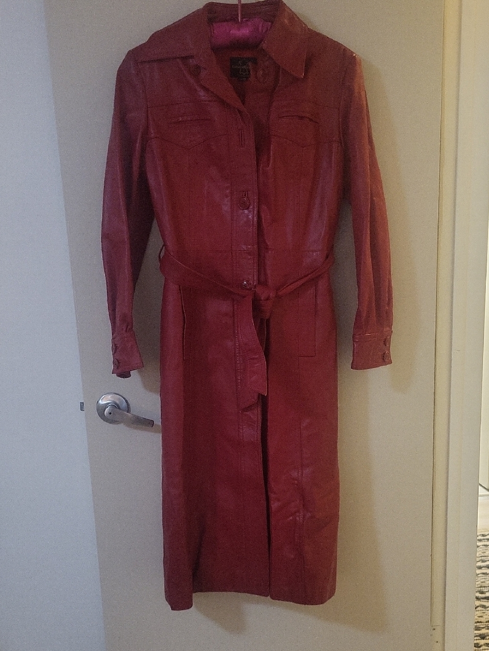 Long Red Leather Vintage Trench Coat with Waist Tie